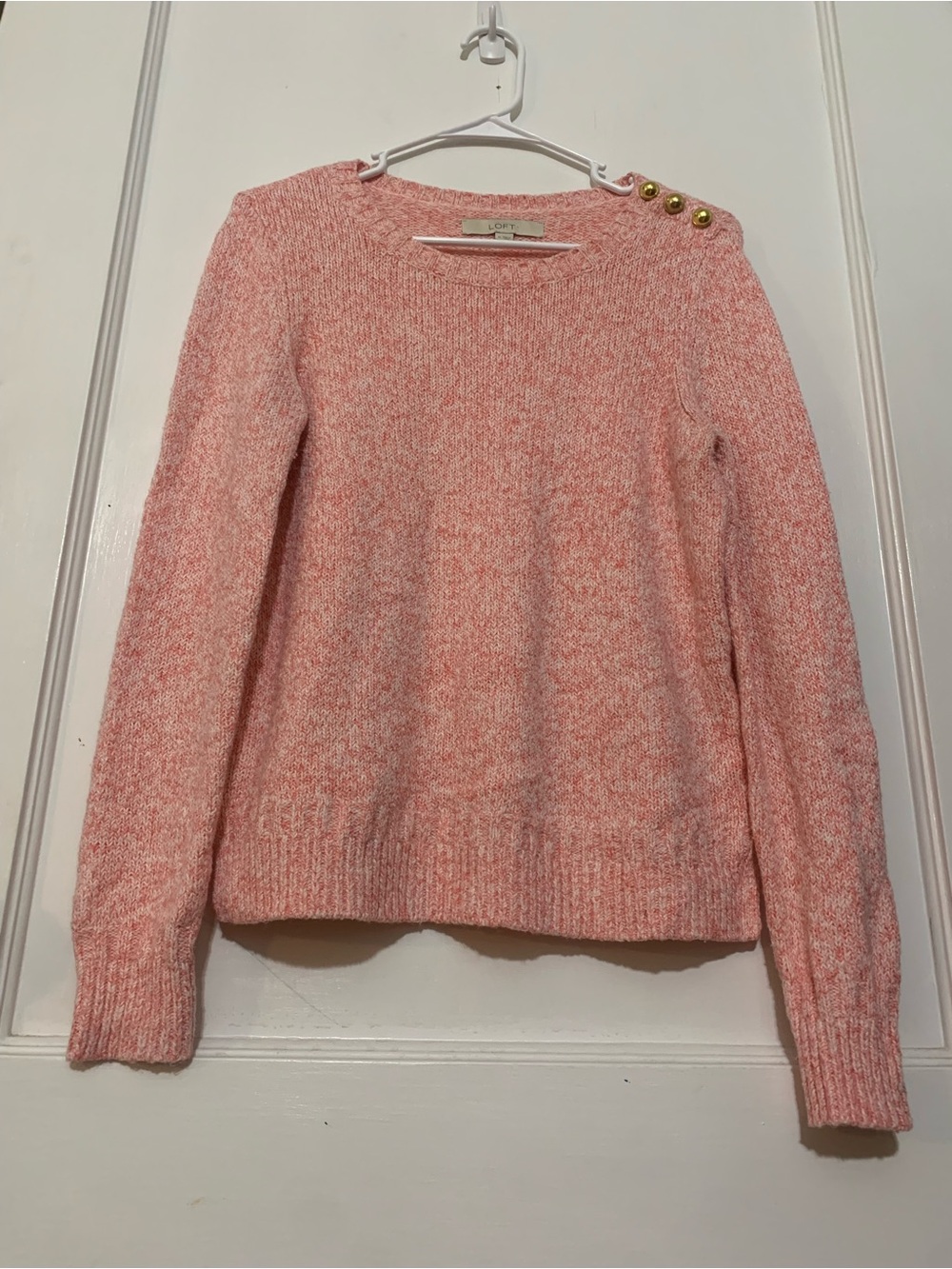 LOFT Coral Pink Crewneck Sweater with Gold Shoulder Buttons